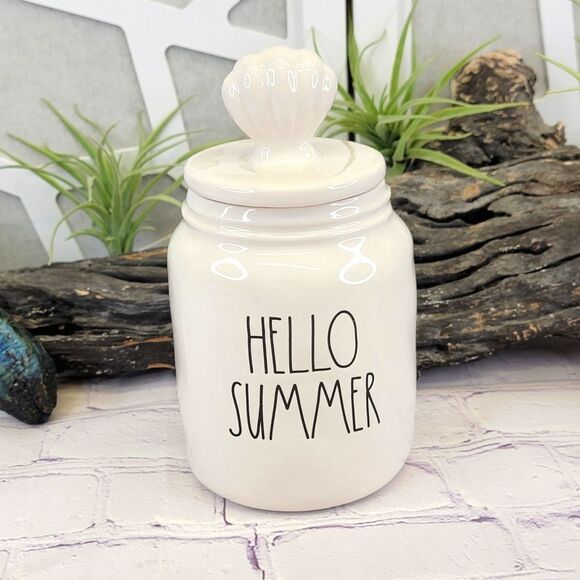 Rae Dunn HELLO SUMMER Ceramic Canister w/ Sea Shell Lid - Picture 1 of 9